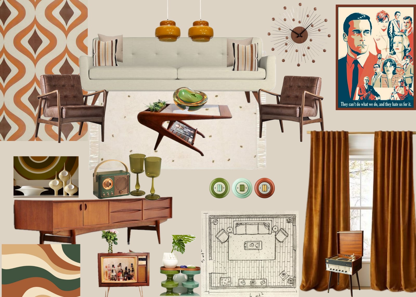 Sıcak renkler, ceviz mobilyalar ve retro detaylardan oluşan Mid-Century stil panosu