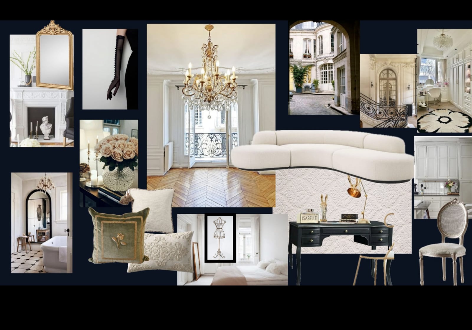 Klasik Paris apartman detayları ve modern mobilyalardan oluşan Parisian stil panosu